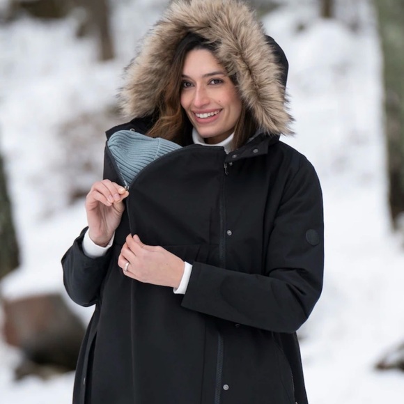 Seraphine Jackets & Blazers - Women's Black Hooded Maternity Winter Coat With Removable Front Panel